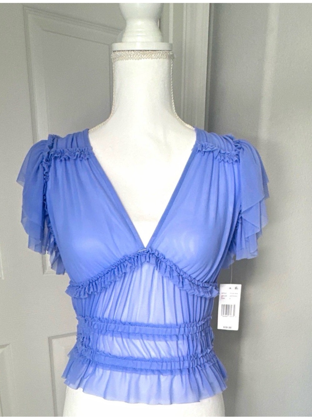 Sheer Ruffled V-Neck Top in Periwinkle - Women top